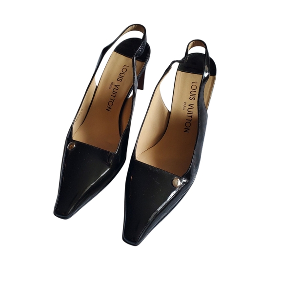 Louis Vuitton Authentic Patent Leather Slingback Heels Black Size 36.5 - Picture 1 of 7